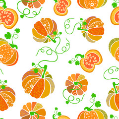 Pattern with pumpkins in an abstract style on a white background.For decorating fabrics and surfaces,for printing brochures, posters, parties, vintage textile design, postcards, wallpaper or packaging