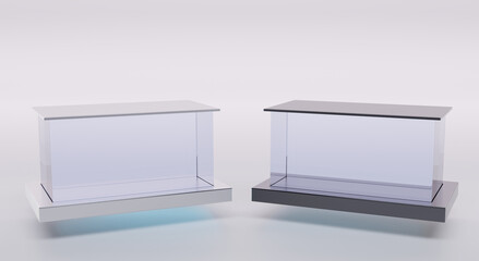 Glass boxes with lids on white and black stand, aquarium or terrarium isolated on grey background angle view. Blank mockup clear rectangular tank for fish, 3d acrylic or plexiglass exhibition showcase