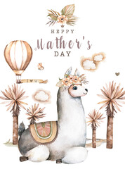 Cartoon llama baby mother day greeting card. Cute llamas alpaca characters smiling, walking, in Peru desert landscape with cactuses. Mexican funny lama animal collection isolated on white