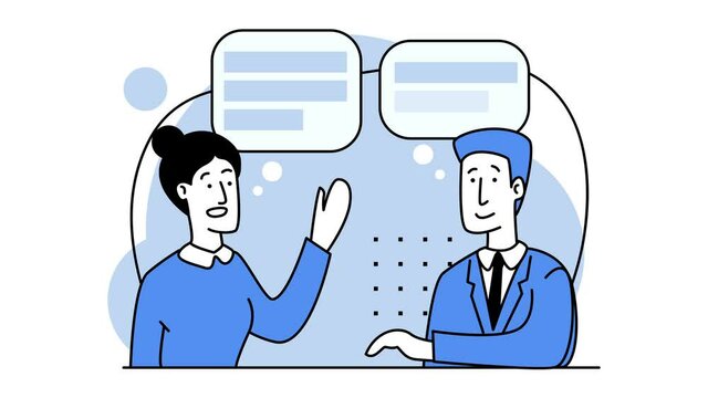 Specialist consultation. Help, support. Interviews, training, coaching. Woman and a man exchange ideas, communicate. Business teamwork concept. 2d flat animation. Looped video. Blue colors, shades.