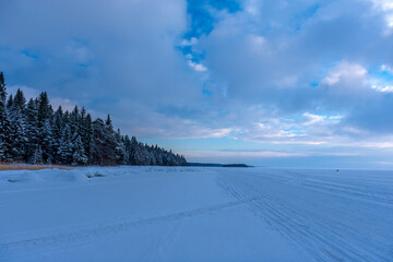 Lake Onega in winter covered with snow