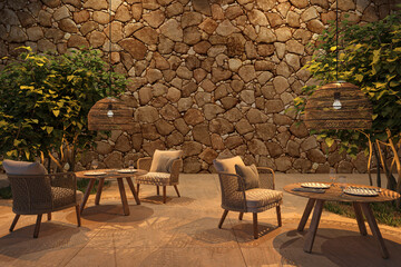 Scandinavian style outdoor terrace cafe with wicker furniture and trees. Night lighting. Mock up stone wall. 3d render illustration.