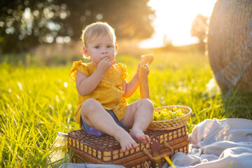 Little girl eats fresh baguette and fruit on a picnic at sunset lights in nature.
