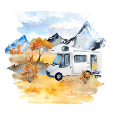 Watercolor hand drawn illustration with fall autumn landscape with mountains sky orange grass bushes and trailer camper van, tourist tent. Tourism outdoor camping activities. Wild forest nature - obrazy, fototapety, plakaty