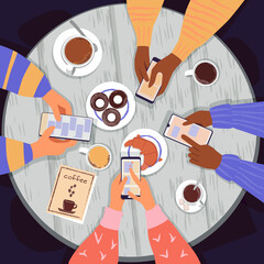 People at a round table in a cafe are looking at their phones. Coffee, croissants and donuts on the table. Telephone addiction concept. Vector illustration, top view