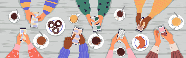 People are sitting at a table opposite each other and looking at their phones. Coffee, croissants and donuts are on the table. The concept of Internet addiction. Vector illustration, top view