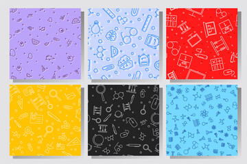 Back to School seamless pattern set. Learning concept. Background with school signs. Vector illustration science texture.