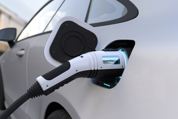 The electric car is fully charged with a battery, Charging technology, Clean energy filling technology.