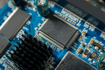 Microcircuit with chip close up. Chip shortage