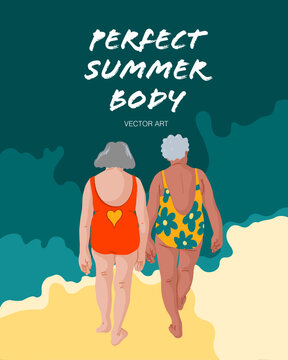 Vector Illustration of the perfect summer body with two elderly women on the beach. Perfect for Postcards and other print mediums. 