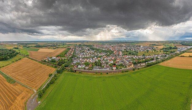 dornheim, panorama, thunderstorm, sunbeam, aerial view, storm, community, asparagus, darmstadt, city, hesse, blue, church, culture, memorial, reed, spring, home, county, scenic, austere, german, place