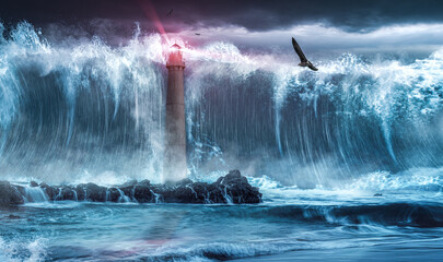 Leuchtturm Sturm  Riesenwelle Tsunami