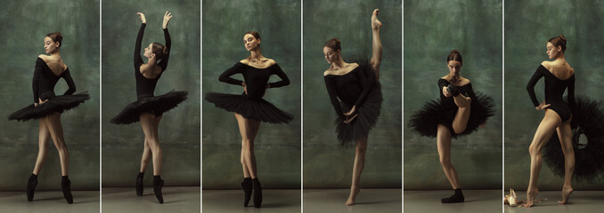 Composite image of one beautiful ballerina in black stage costume, tutu dancing isolated on dark vintage background. Concept of art, theater, beauty and creativity - obrazy, fototapety, plakaty