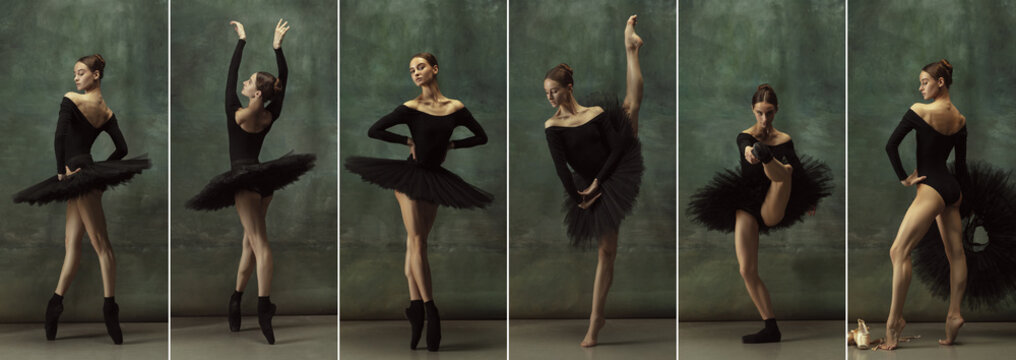 Fototapeta Composite image of one beautiful ballerina in black stage costume, tutu dancing isolated on dark vintage background. Concept of art, theater, beauty and creativity