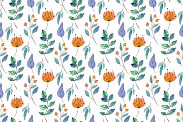 Fototapeta premium Seamless flowers pattern. Romantic design. Blue and orange color. Watercolor hand drawing illustration. Boho style