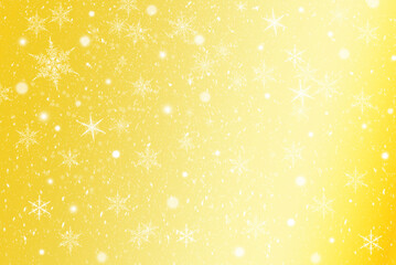黄金の背景に雪の結晶と雪。冬のコンセプト素材。