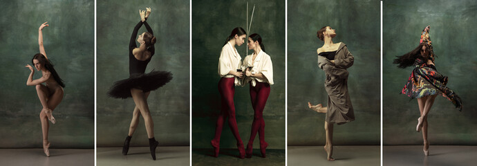 Collage of portraits of male and female ballet dancers dancing isolated on dark vintage background....