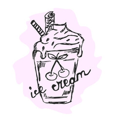  Vector hand drawn illustration of an ice cream with a cup. Drawing