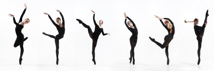 Fototapeta premium Development of movements of one beautiful ballerina dancing isolated on white background. Concept of art, theater, beauty and creativity