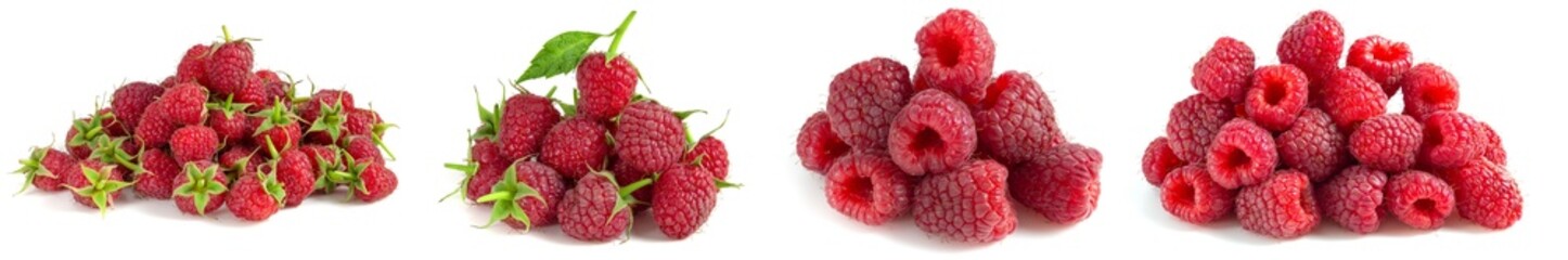 Set of handfuls of raspberries isolated on white background. Collage of 4 photos.