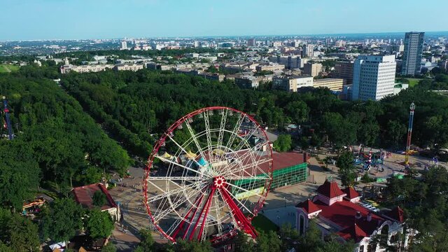 Ferris wheel in Gorky Central Park of Culture and Leisure in Kharkov aerial view