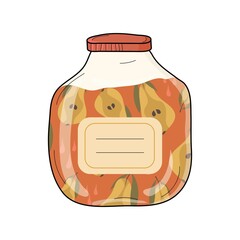 Glass jar pear jam and an inscription label. Hand-drawn. Vector illustration