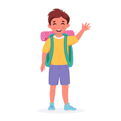 Little boy scout with backpack going to the camp. Summer kids camp. Vector illustration