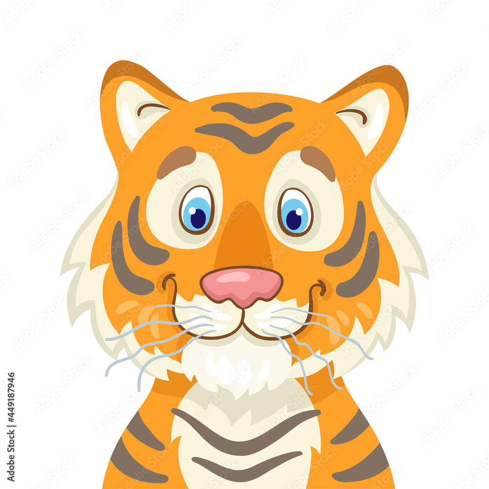 Poster Portrait of a funny tiger. The symbol of the New Year. In cartoon style. Isolated on white background. Vector flat illustration.