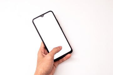 holding a phone on a white background