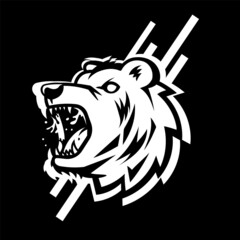 Vector growling white bear head logo on black background. Line art flat style design of angry animal bear