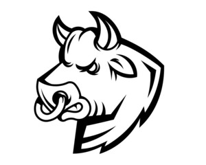 Vector black line bull head logo on white background. Line art flat style design of angry animal bull
