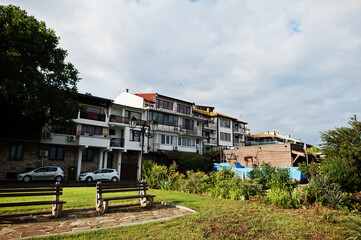Park area and promenade at town Nesebar, Bulgaria.