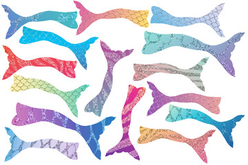 Mermaid's tails decorative bright silhouettes- sublimation backgrounds. Clip art isolated