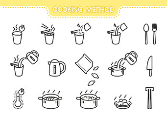 Food vector icon set. Cooking method line collection: cooking noodles, cooking dumplings, mug, saucepan, boiling water, kettle, temperature, cutlery, spoon, fork, chopsticks, knife, adding ingredients