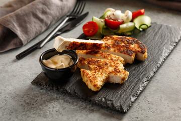 chicken schnitzel with vegetables salad and sauce on a slate board on a slate board 