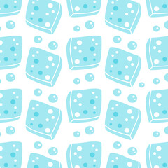 Blue ice cubes and water drops. Stylized vector pattern on a white background.