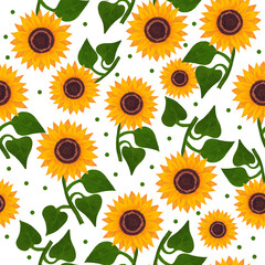 Seamless pattern with bright orange flowers of sunflower and leaves on white background.