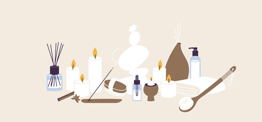 Vector illustration set of organic and natural products for spa and wellness procedure. Aroma sticks and candles with essecial oil, herbal lotion. - obrazy, fototapety, plakaty