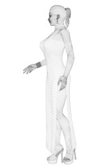 The girl is standing in a long dress in the Chinese style with long heels. Wireframe of a girl in a dress are isolated on a white background. 3D. Vector illustration