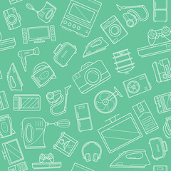 Electronics - Vector background (seamless pattern) of symbols of camera, computer, washing machine, television and other appliances for graphic design