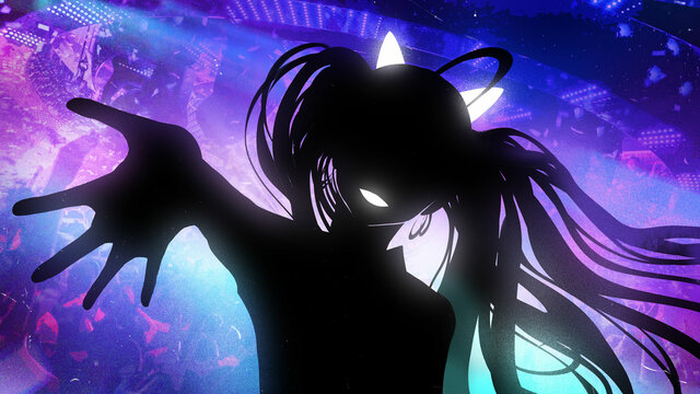 A joyful cute young anime girl with cat ears and long hair smiles happily inviting you to the dance floor , she has a figure behind her a bright disco with a neon light 2d illustration