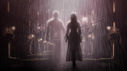 A beautiful girl wet to the skin in a long translucent dress is walking along the night alley by the hand with an invisible rain man, heavy rain emphasizes their silhouettes 2d art - 449190961