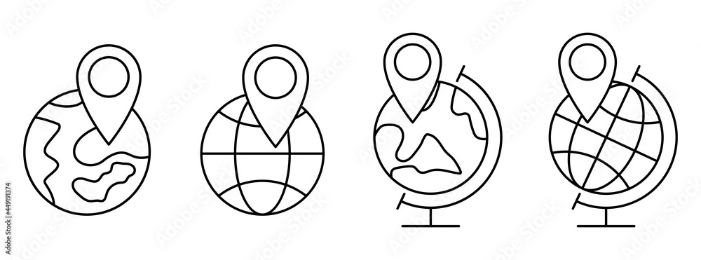 Wall mural planet earth icon with location symbol. set of linear globe icons. vector illustration. location pin