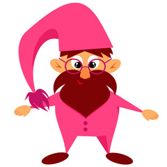 Vector illustration of a cute cartoon gnome. The gnome is standing and smiling in a pink suit with a cap. Isolated. Gnome with glasses. Children's illustration of a full-length gnome.