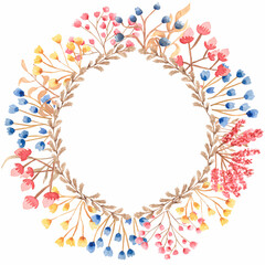 Hand drawn watercolor  wildflowers wreath illustration.Watercolor Meadow Florals Frame, Dried Herbs Clip art, Vintage Field Flowers, Herbarium, Wedding Invites, Logo