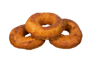 three fried donuts on a white isolated background.