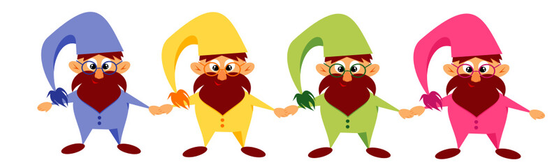 A set of gnomes. Vector illustration of cute gnomes with caps and glasses. Children's illustration of gnomes in bright clothes holding hands. A set of bearded gnomes. Isolated