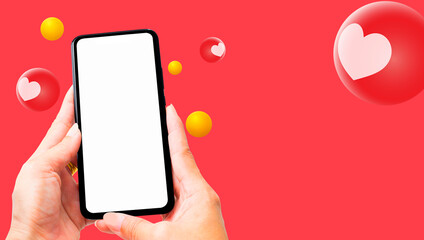 Holding hands empty blank screen mobile phone, social media with red circle bubble balls on red background - Banner design template copy space