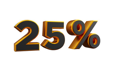 25 percent golden 3d font illustration. 3D golden twenty five percent illustration. 25% golden and black font
