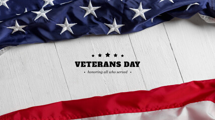 Top view Flags of the United States of America on white wooden background. Memorial Day and...